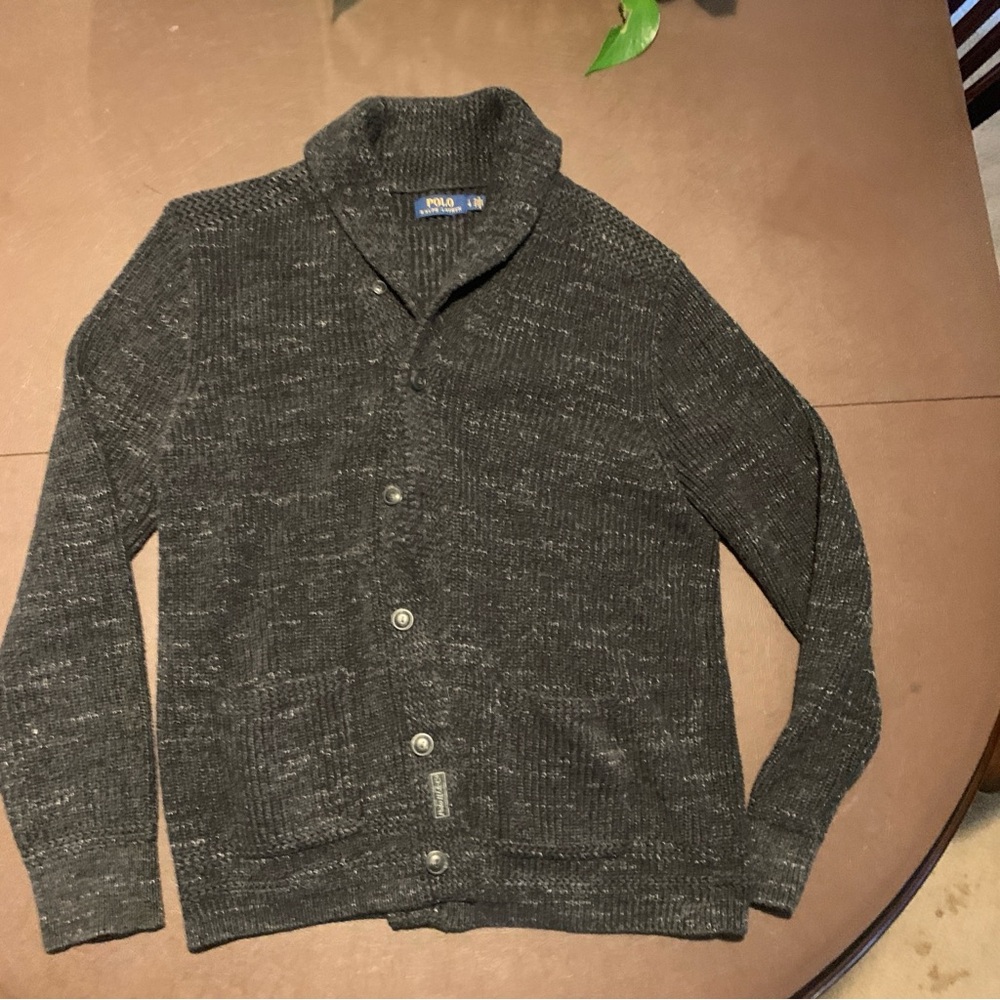 Polo Ralph Lauren Waffle Shawl Collar Black Premium Cardigan Sweater Size L $220